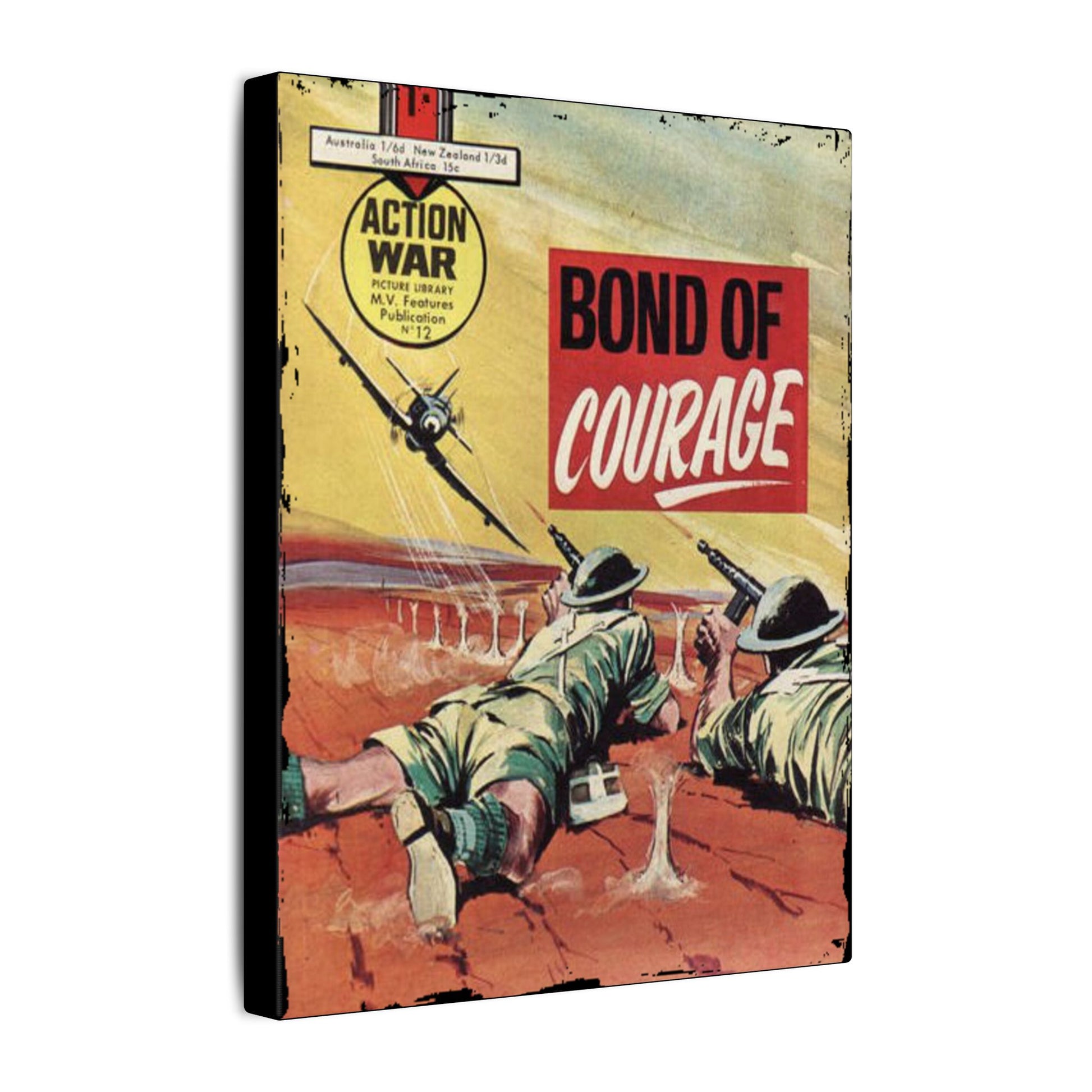 Close-up of the Canvas texture and detailed "Action War #12" label on the upper right corner, highlighting the vintage comic