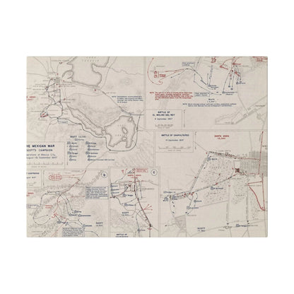 Close-up of textured canvas material highlighting war-themed print details and weathered finish from a low-angle perspective.