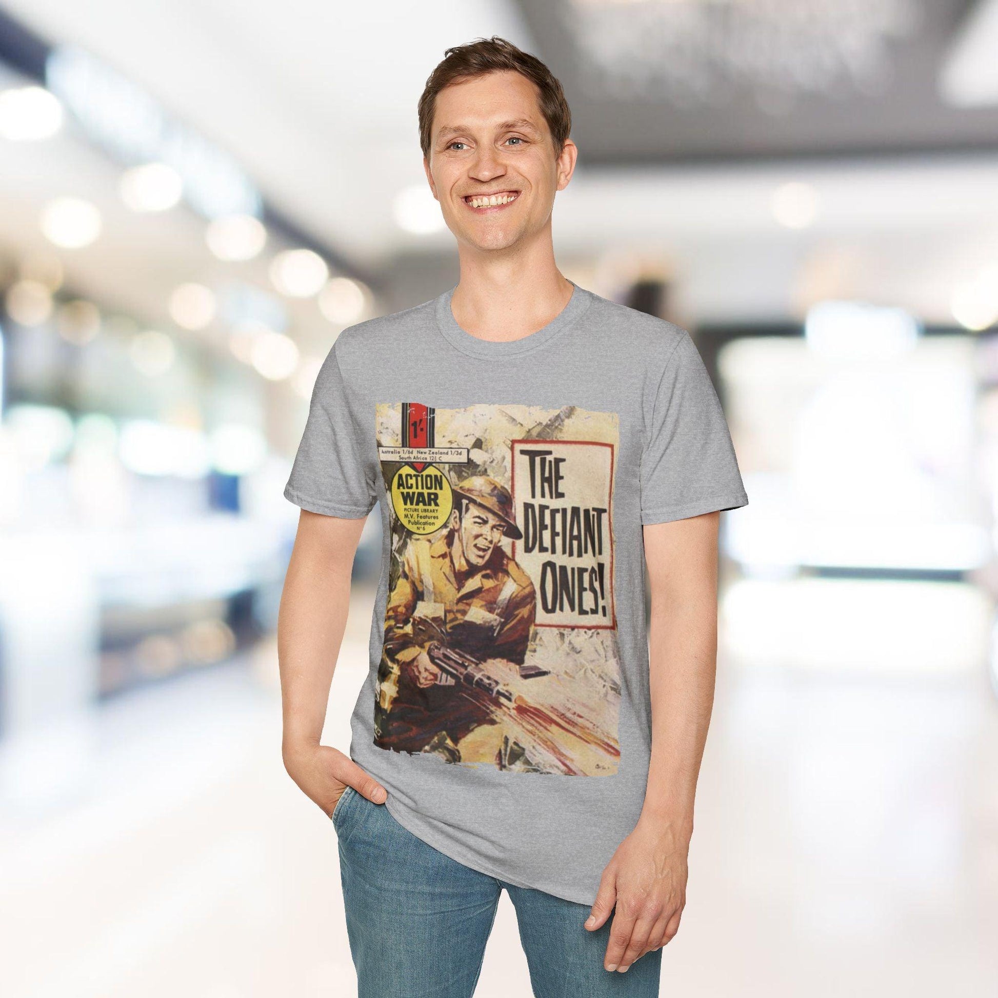 Close-up of the unisex softstyle T-shirt’s smooth cotton fabric in navy, highlighting the relaxed fit and classic crew