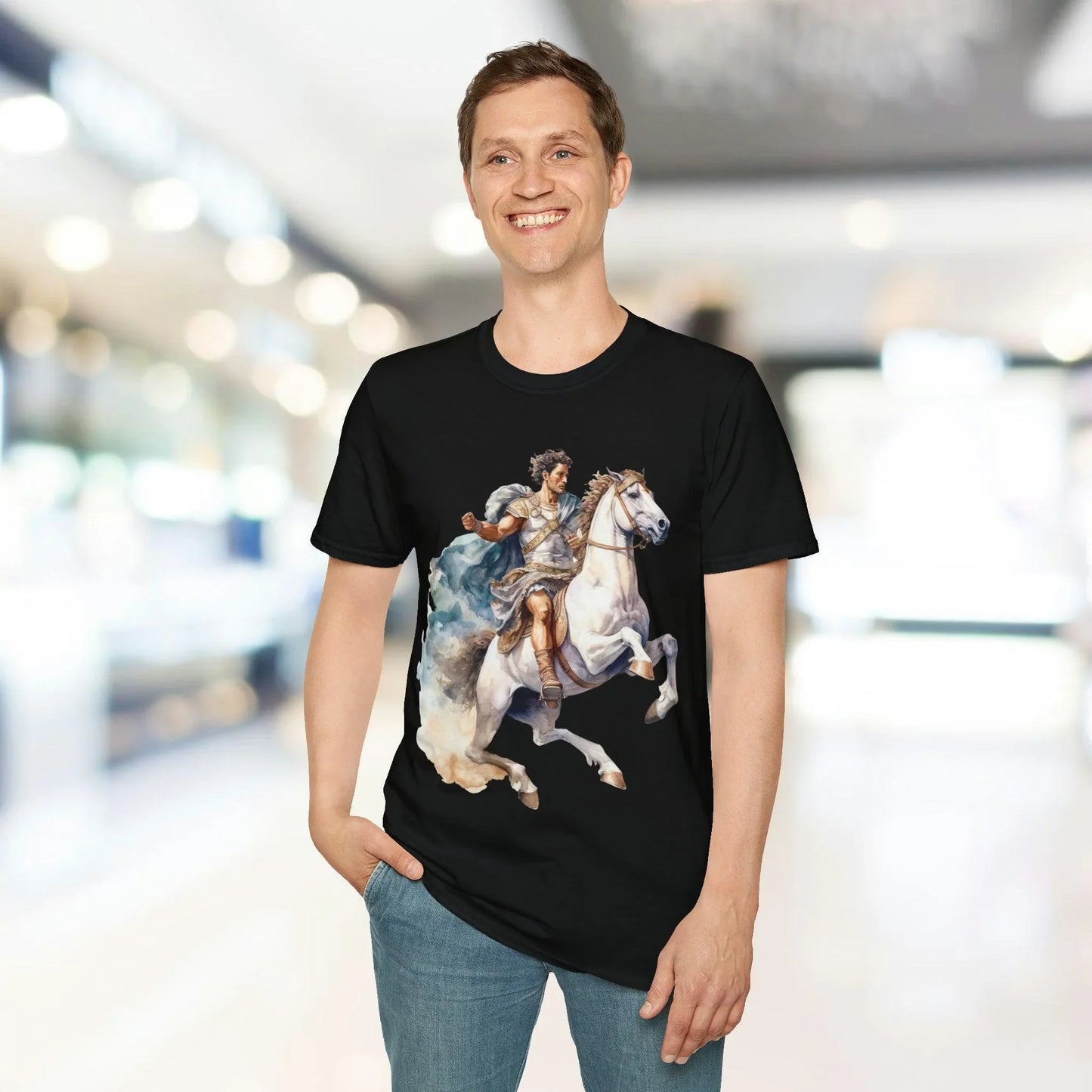 Close-up of the rugged, distressed graphic print on the chest of the unisex softstyle T-shirt in heather gray, highlighting