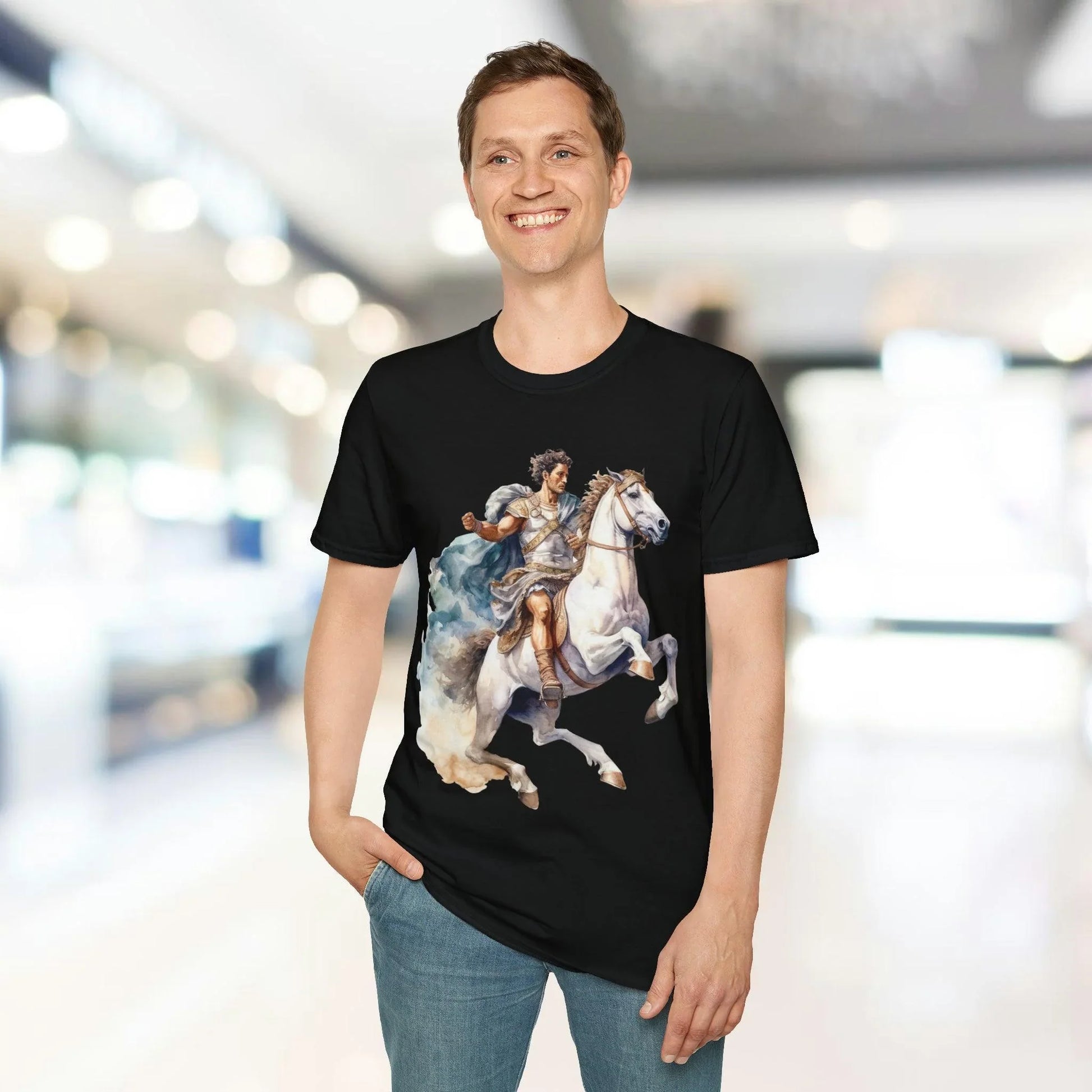 Close-up of the rugged, distressed graphic print on the chest of the unisex softstyle T-shirt in heather gray, highlighting