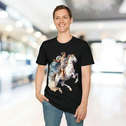 Close-up of the rugged, distressed graphic print on the chest of the unisex softstyle T-shirt in heather gray, highlighting