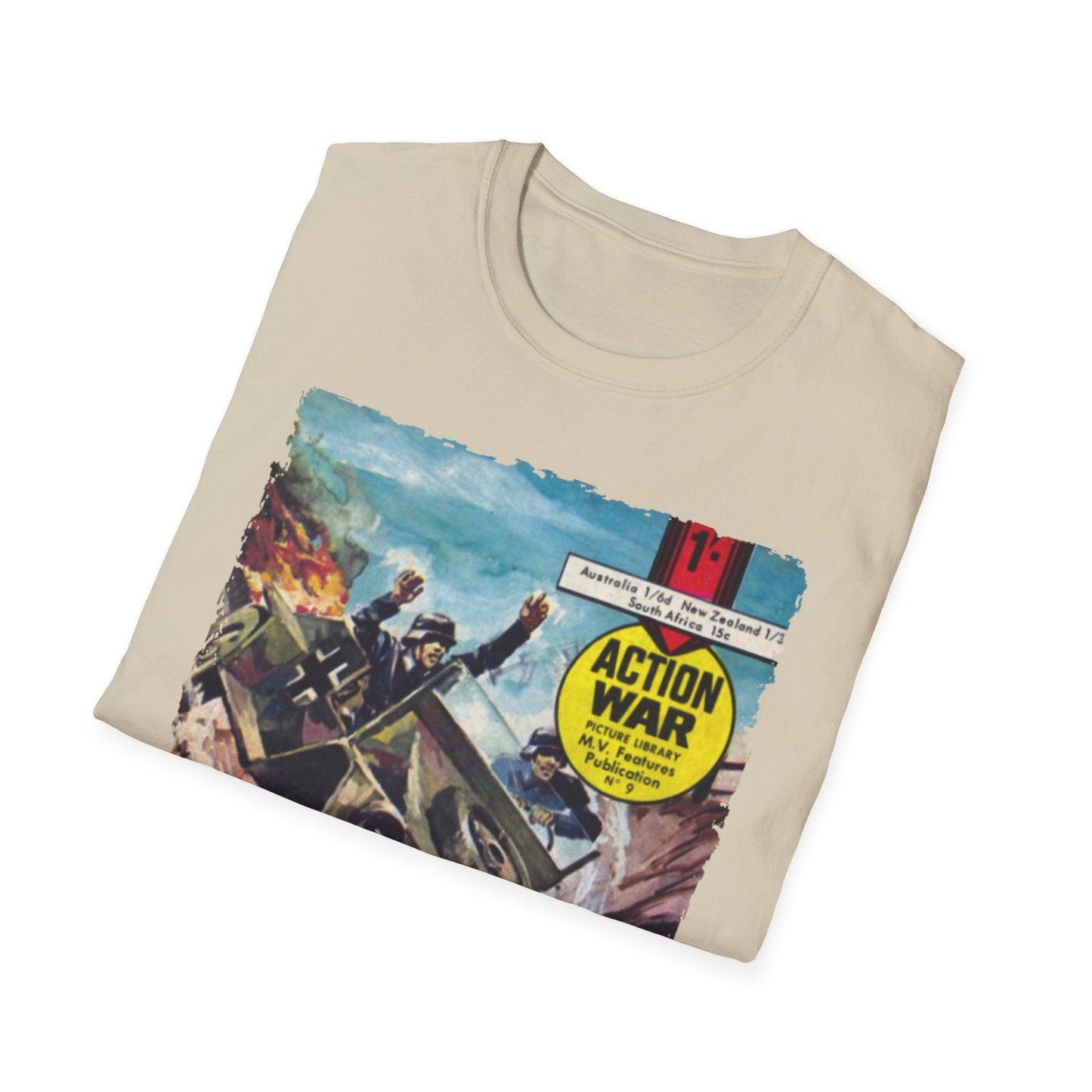 Close-up of the unisex softstyle T-shirt’s chest tag with Action War #9 logo and fabric texture in relaxed fit, navy blue