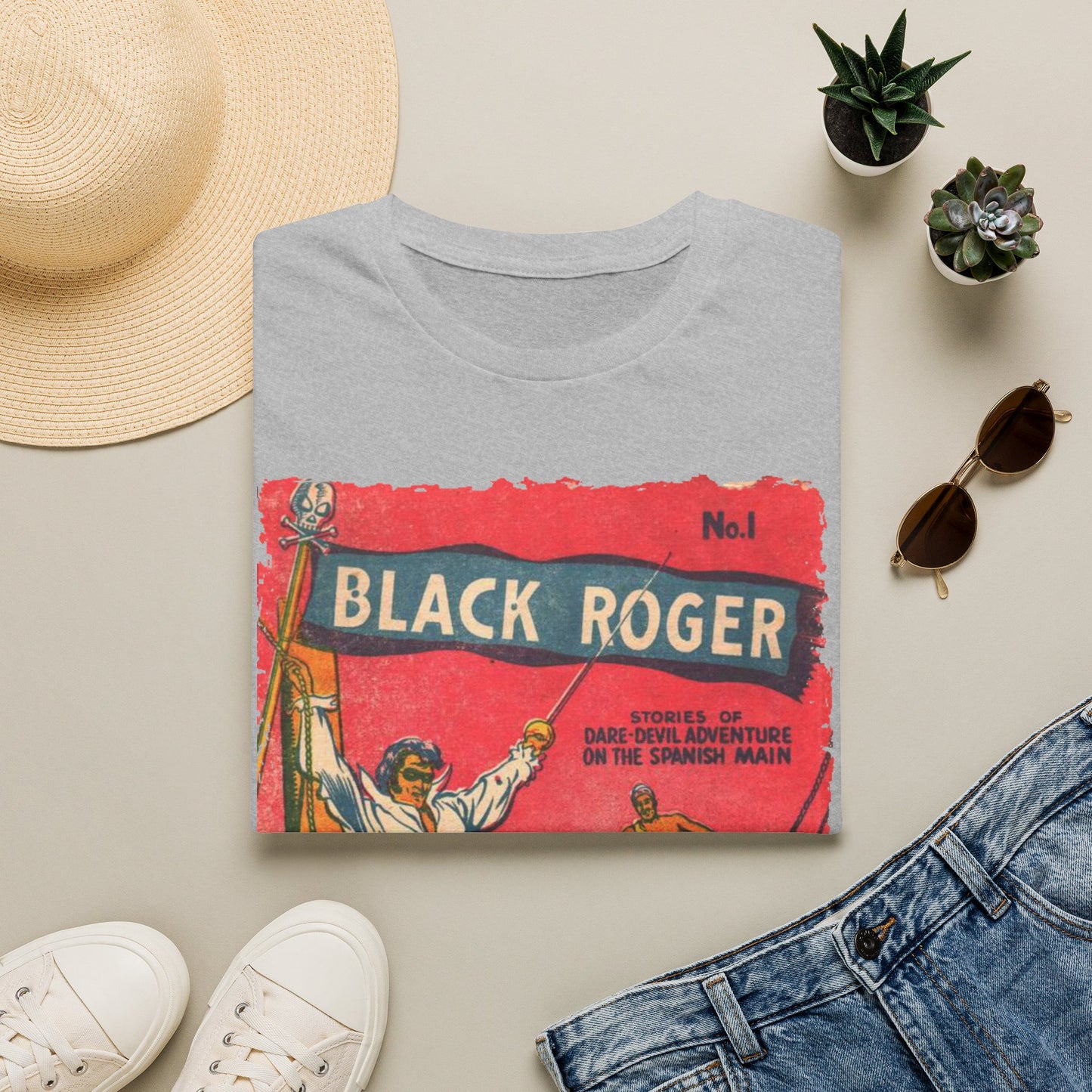 Close-up of the Black Roger No.1 unisex softstyle T-shirt's chest embroidered logo on a relaxed fit, showing smooth cotton