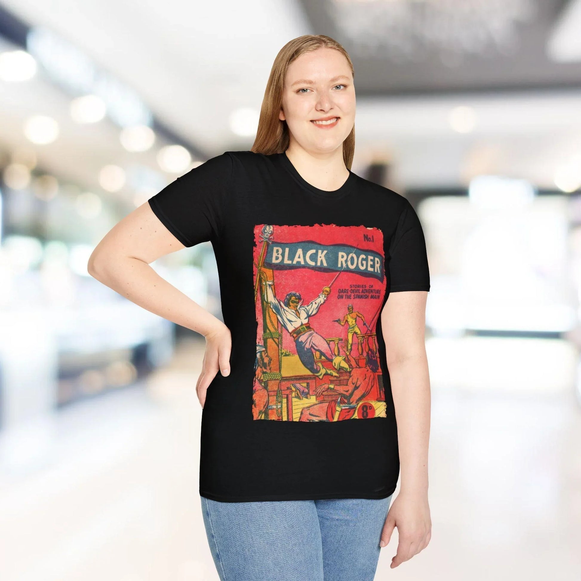 Close-up of the black fabric texture and stitched neckline detail on the unisex softstyle T-shirt from a slightly overhead