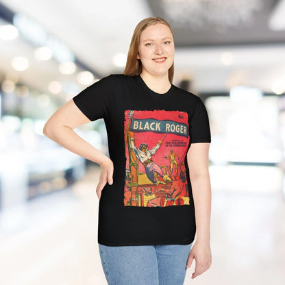 Close-up of the black fabric texture and stitched neckline detail on the unisex softstyle T-shirt from a slightly overhead