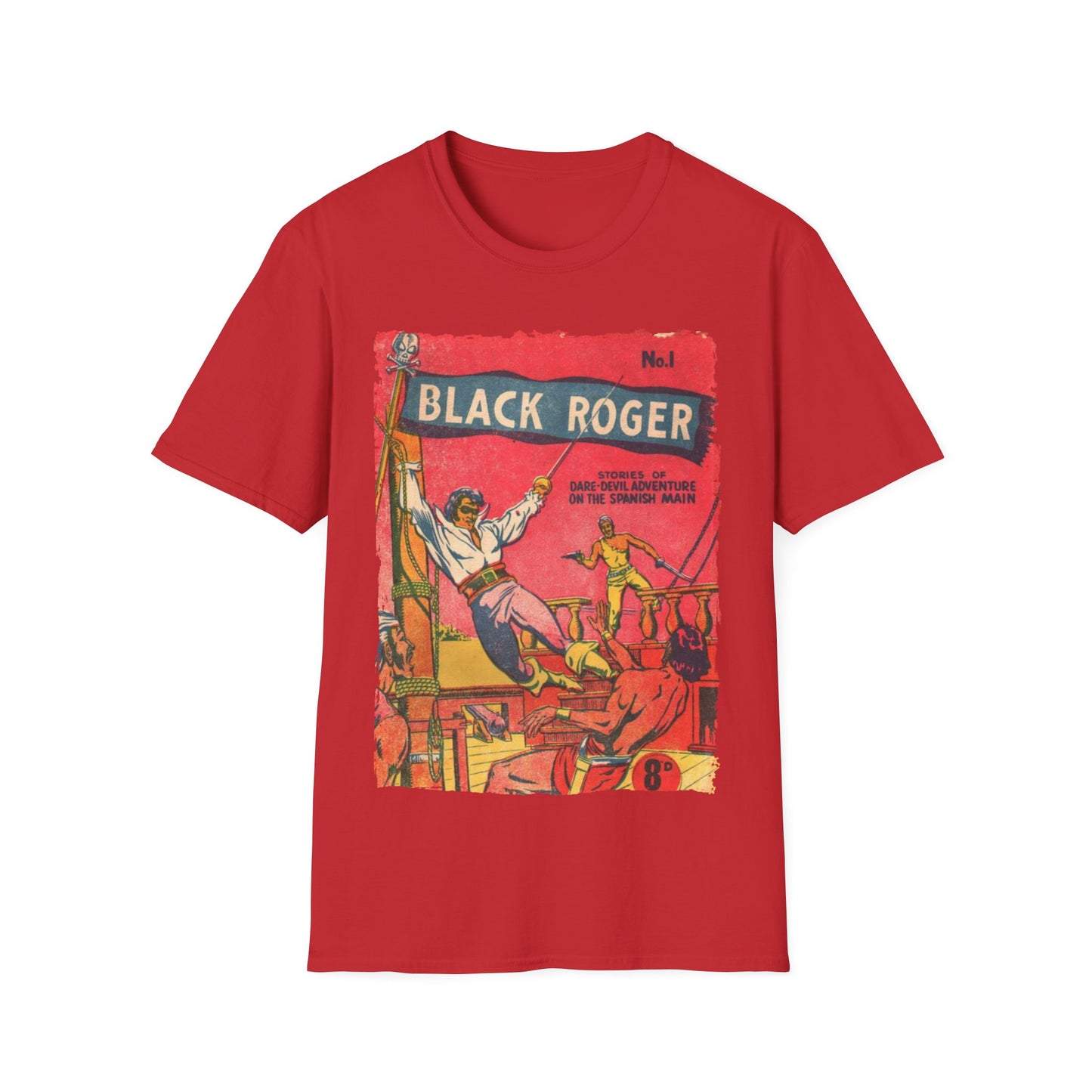 Close-up of the Black Roger No.1 softstyle T-shirt's relaxed fit neckline and subtle fabric texture from a slightly overhead
