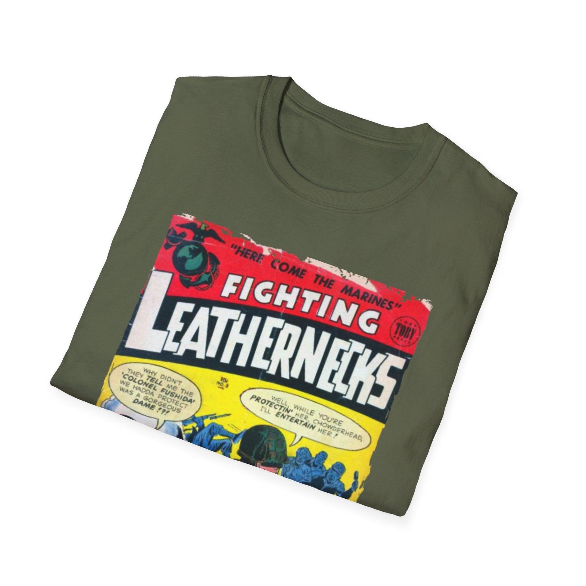 Close-up of the Fighting Leathernecks #3 unisex softstyle T-shirt fabric detail highlighting the smooth, relaxed fit in deep