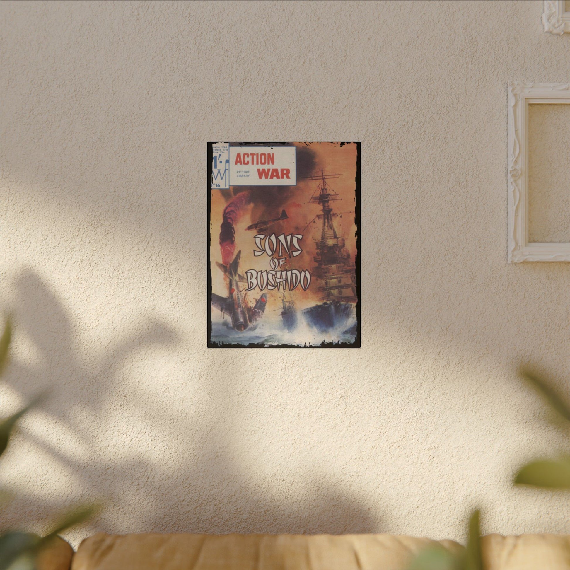 Close-up of the textured canvas surface highlighting detailed brushstroke patterns and vibrant color accents on Action War