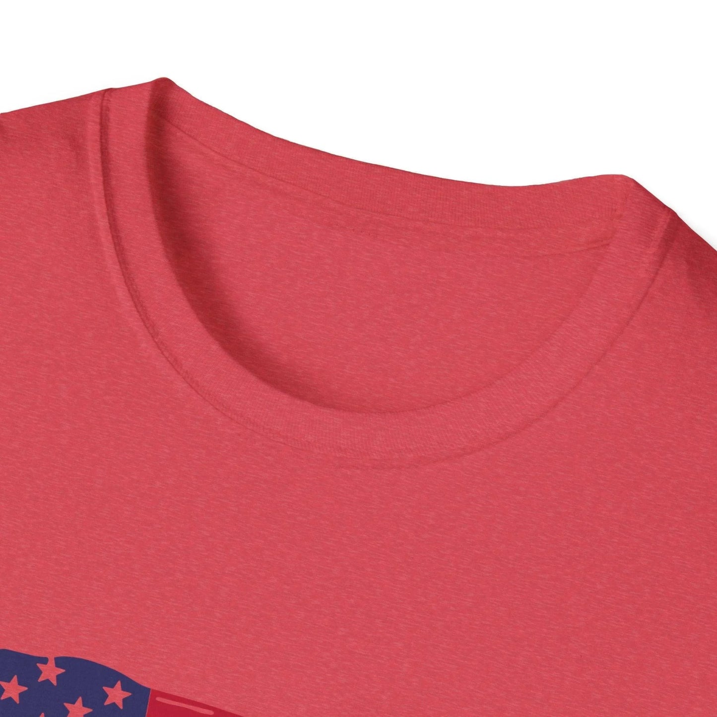 Close-up of the distressed flag heartbeat graphic on the chest, showcasing vibrant red and blue colors on the unisex