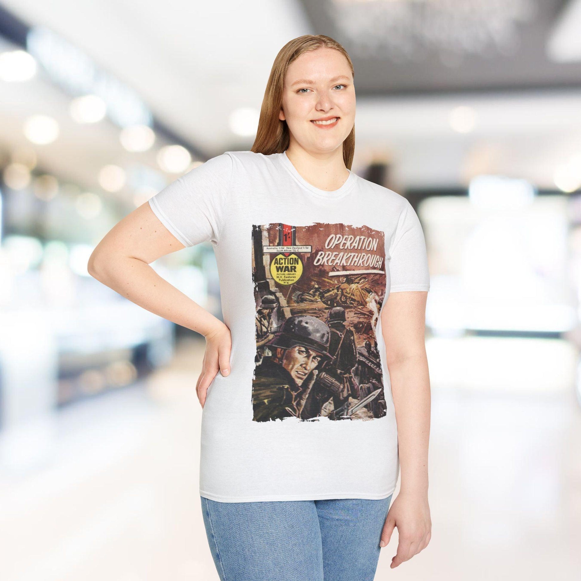 Close-up of the soft, heathered navy fabric highlighting the relaxed fit neckline and short sleeves of the Action War #4