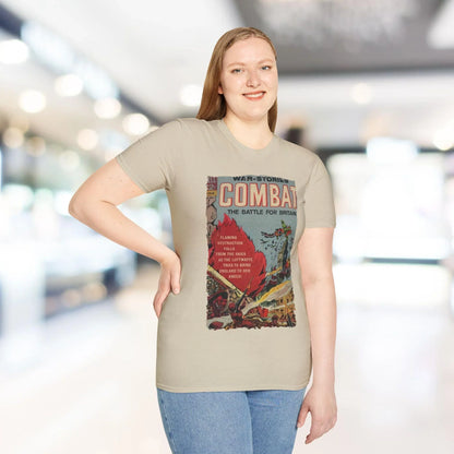 Close-up of the Combat July 1965 T-shirt's printed design on soft cotton fabric, highlighting vivid colors and crisp detail