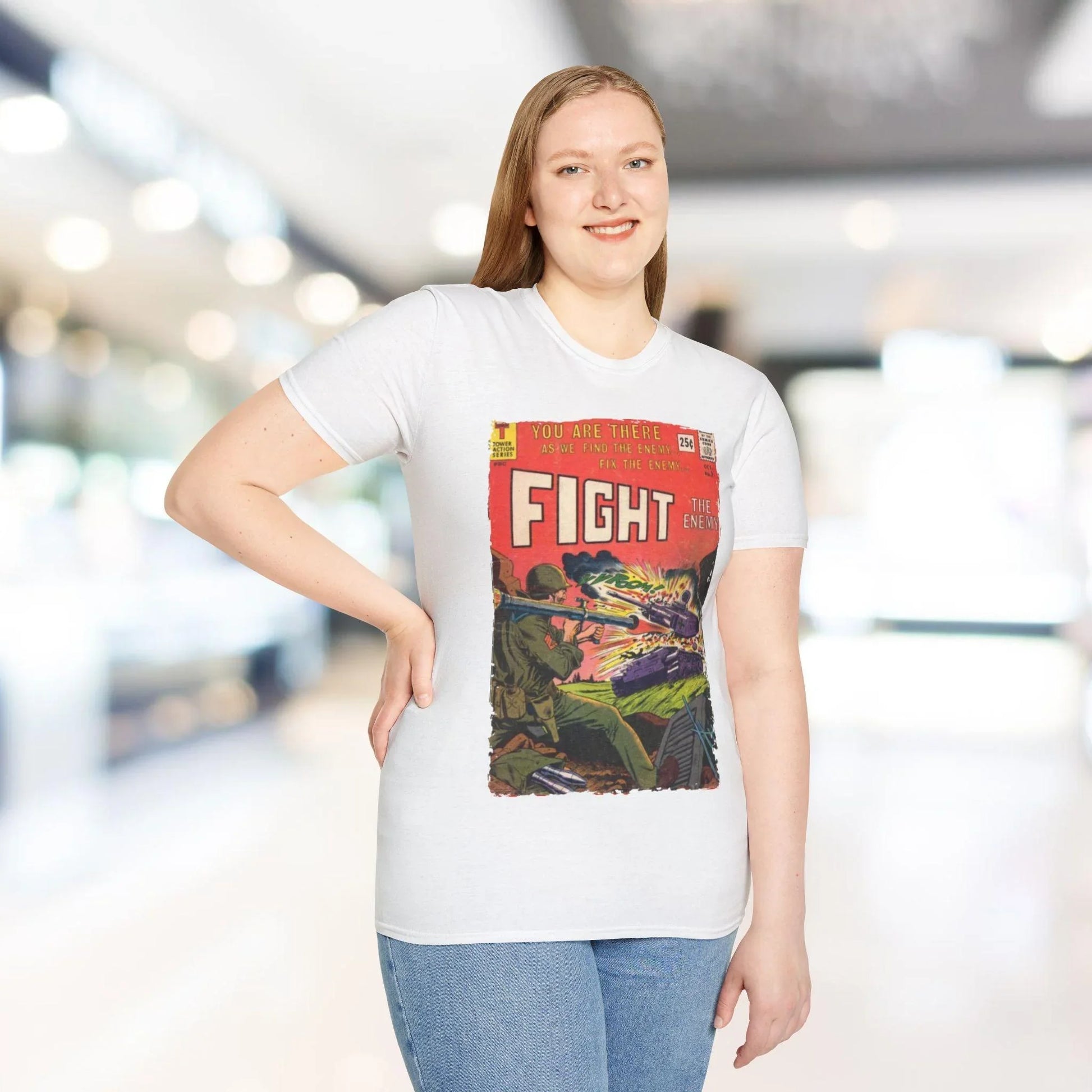 Close-up of the Fight The Enemy No.2 unisex softstyle T-shirt collar showing smooth ribbed neckline and relaxed fit fabric