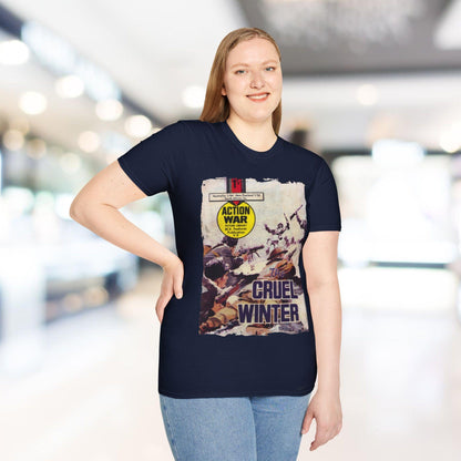 Close-up of the unisex softstyle T-shirt's fabric texture revealing a smooth, relaxed fit in vibrant navy with a crew