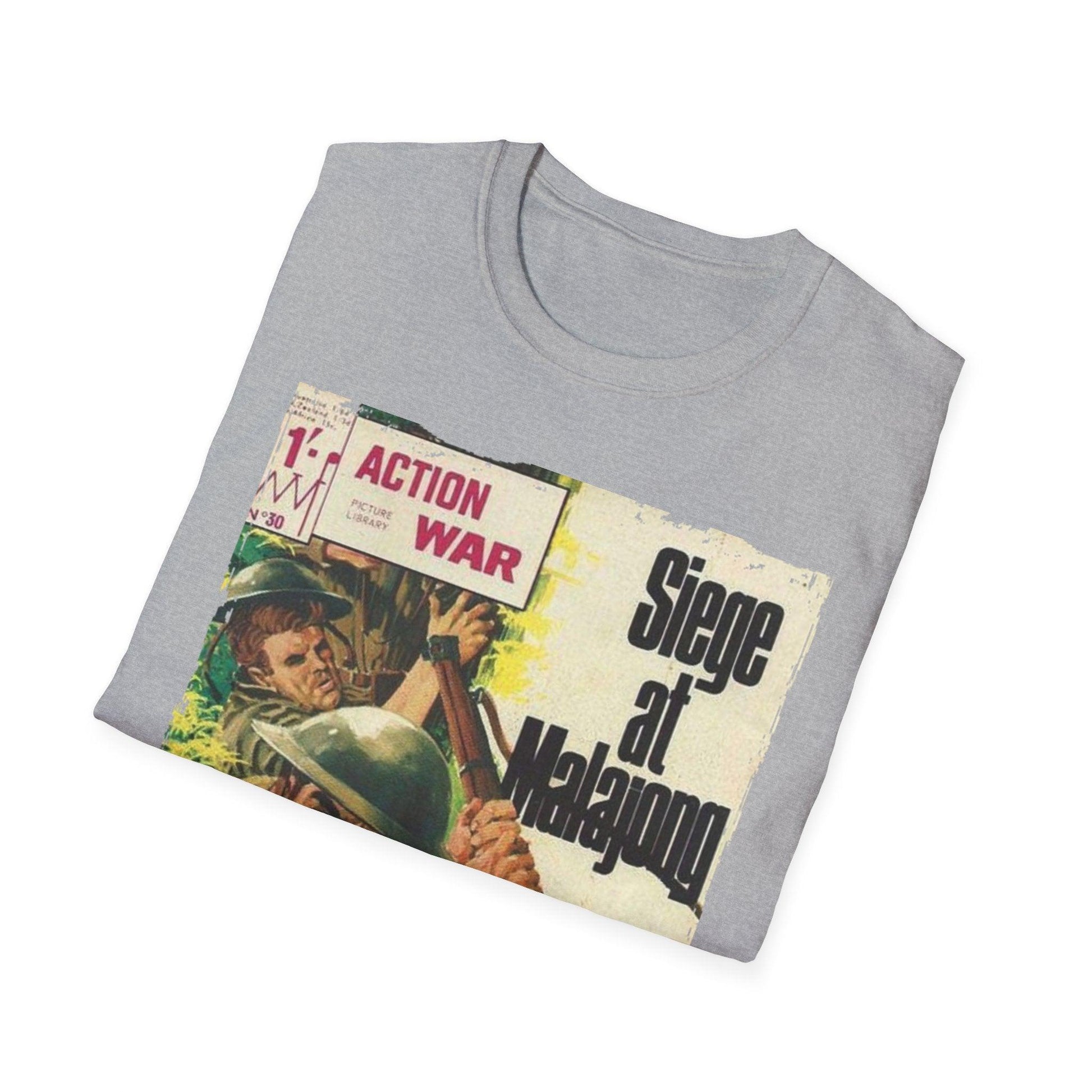 Close-up of the unisex softstyle T-shirt's neckline and smooth fabric texture in vibrant blue color, highlighting the