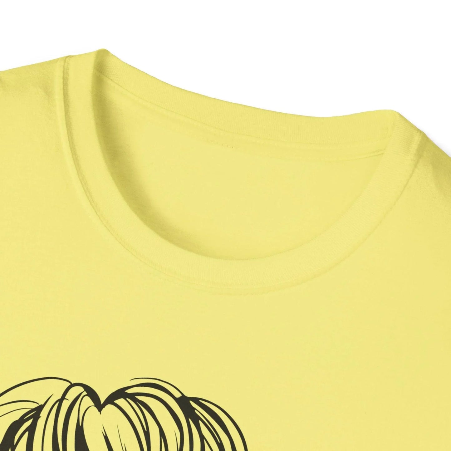 Close-up of the black unisex softstyle T-shirt’s neckline and fabric texture, highlighting smooth cotton blend and