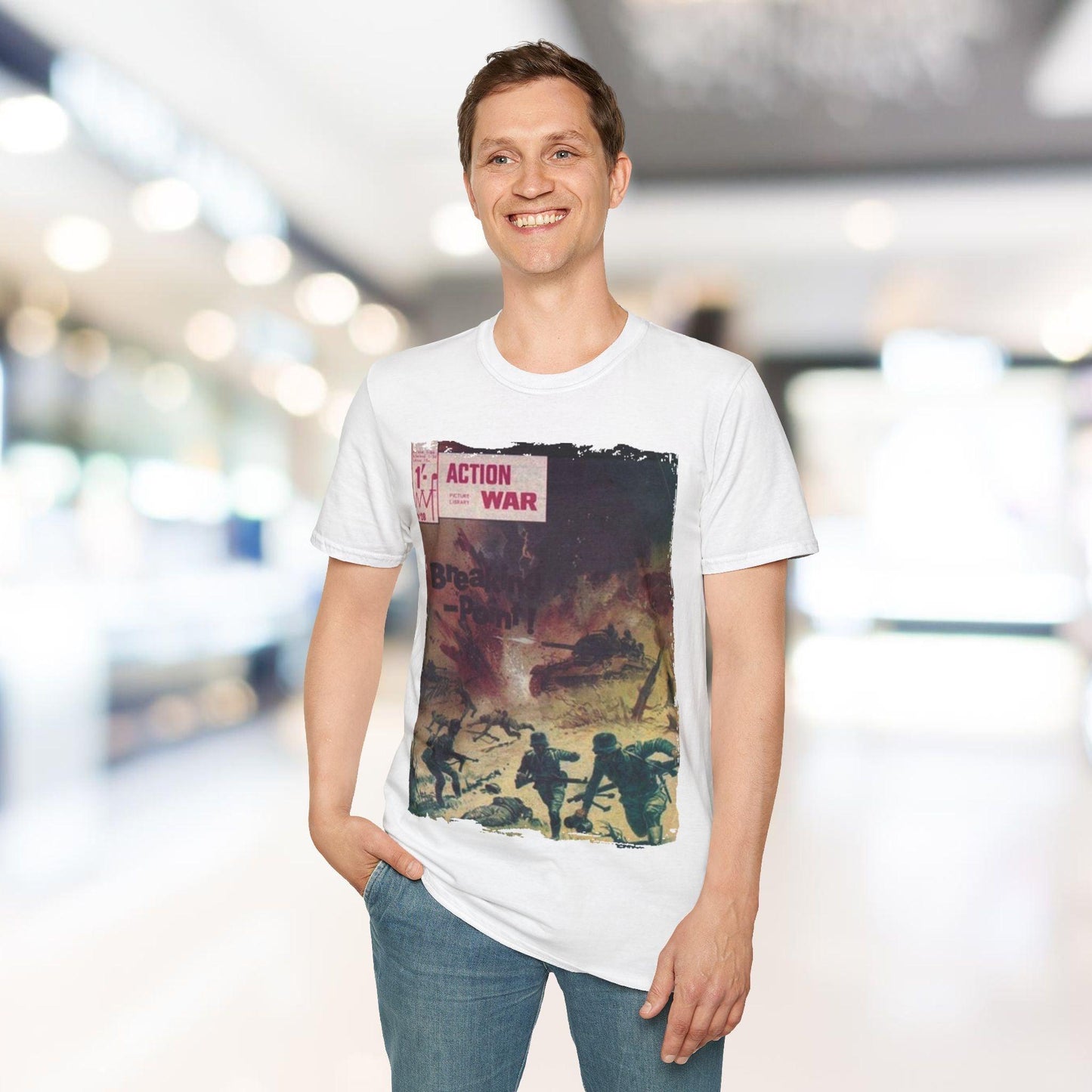 Close-up of the unisex softstyle T-shirt’s fabric weave in vibrant red, highlighting the smooth, relaxed fit and crew