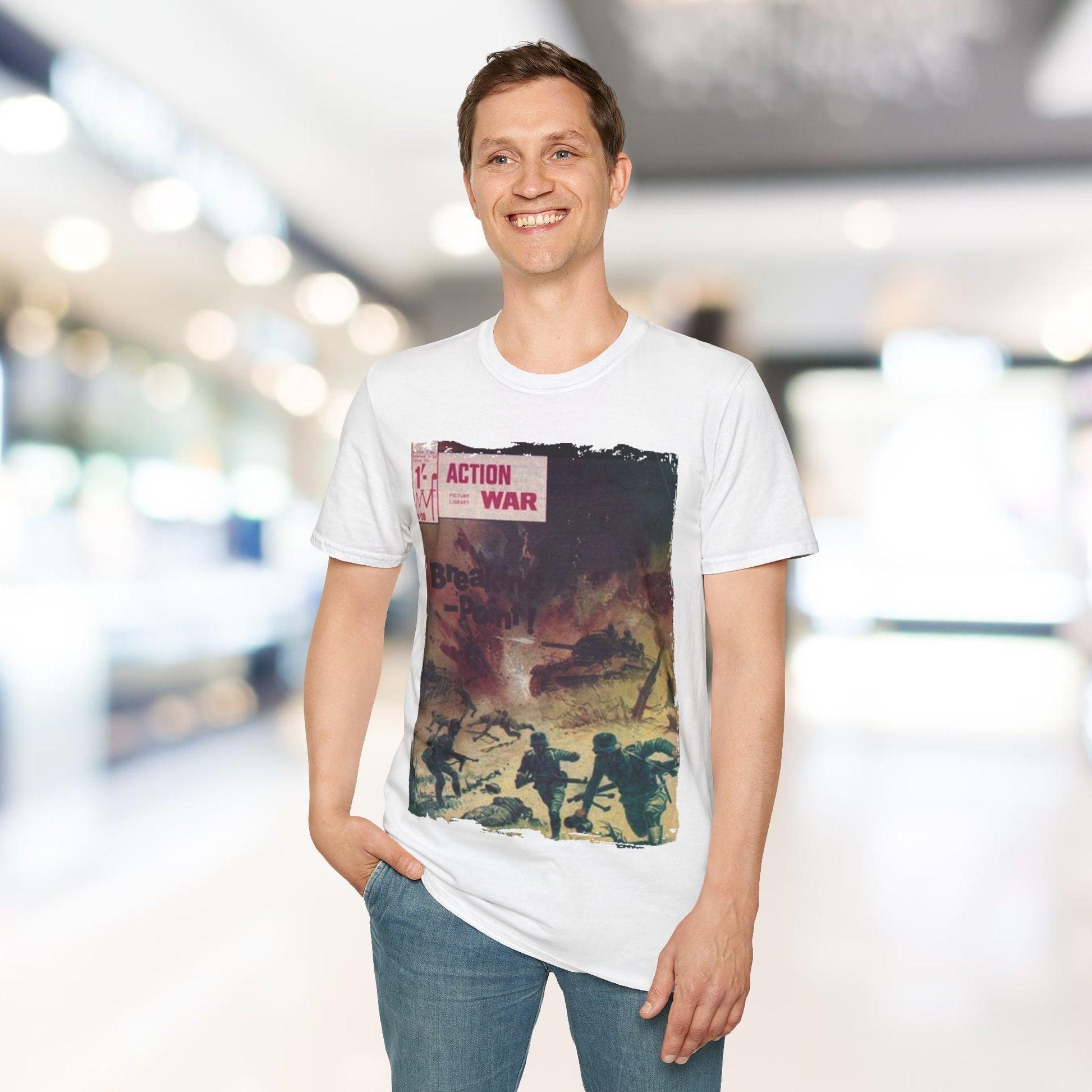 Close-up of the unisex softstyle T-shirt’s fabric weave in vibrant red, highlighting the smooth, relaxed fit and crew