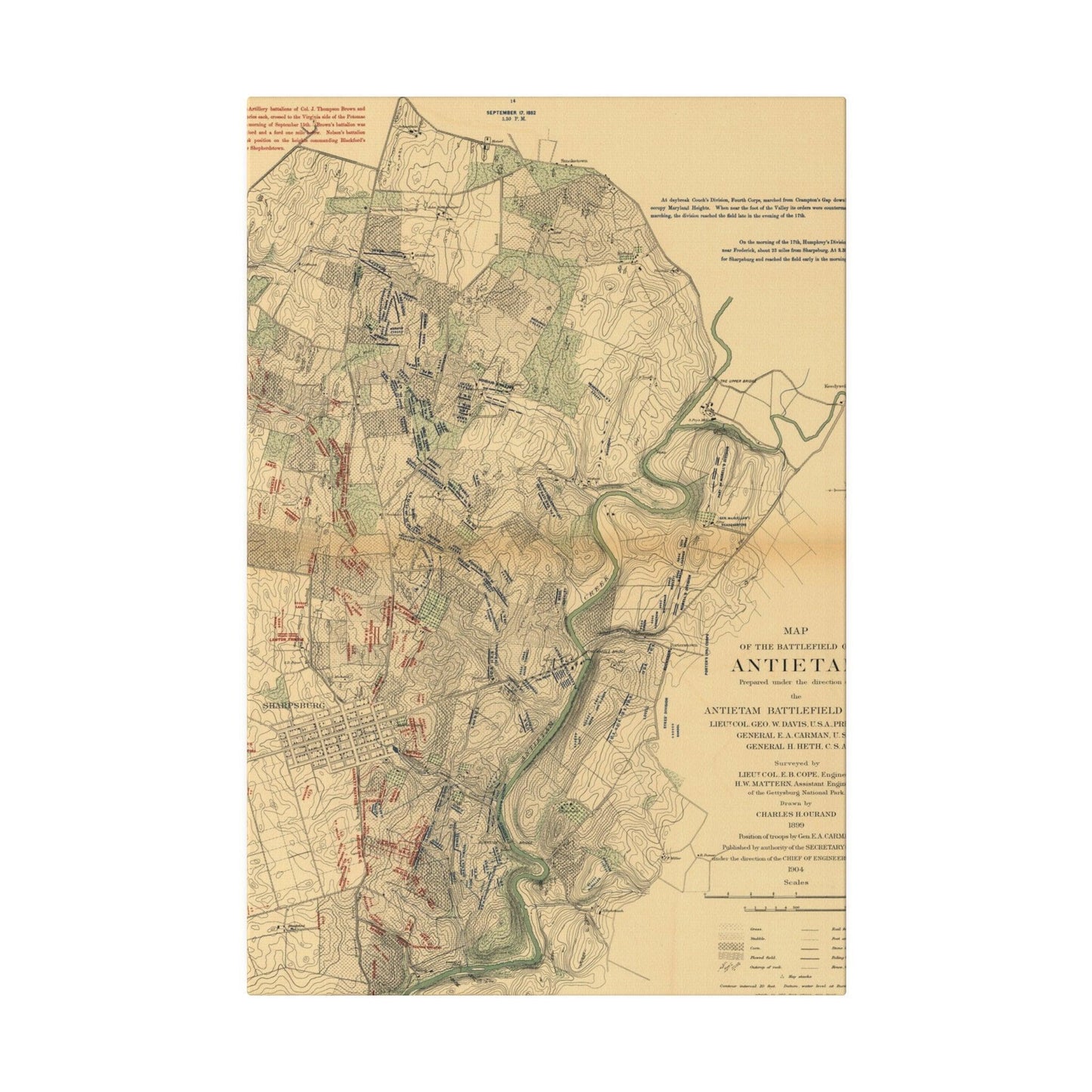 Close-up of textured canvas surface highlighting vintage-style printed scene from the Antietam Battlefield 1862, showing