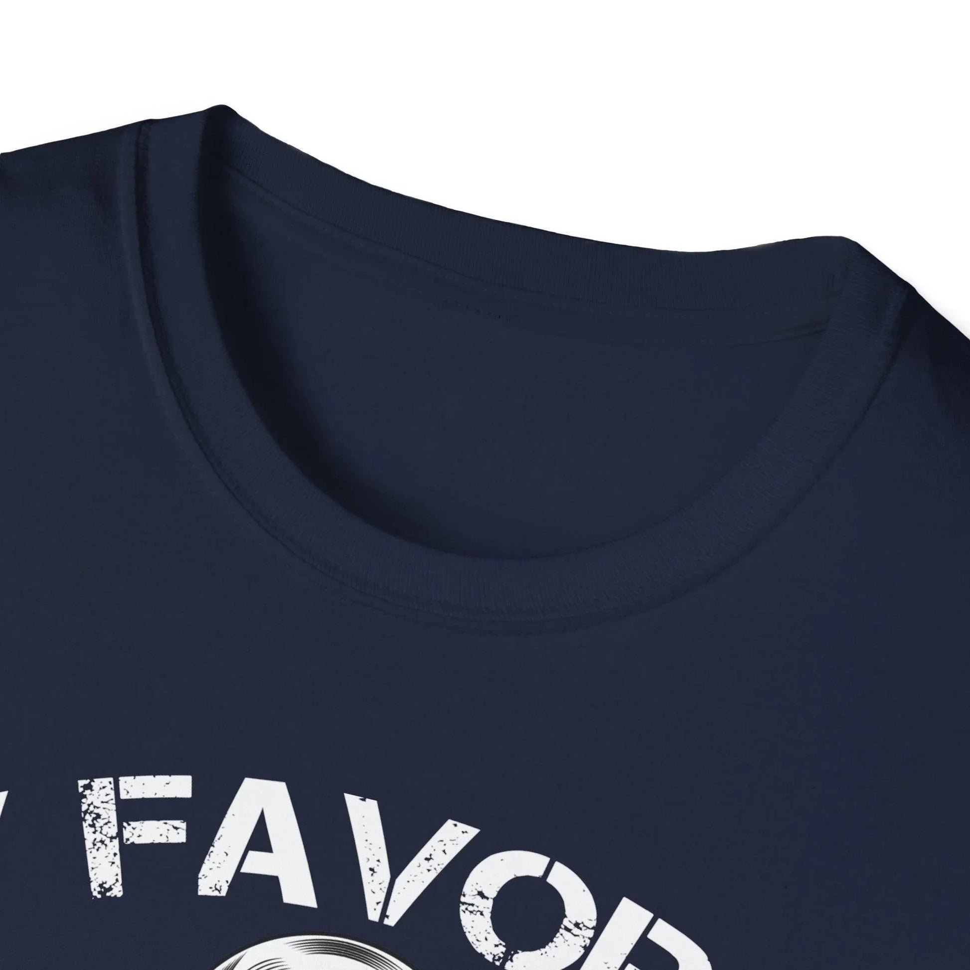 Close-up of the unisex softstyle fabric texture highlighting the relaxed fit and vibrant navy color of the Favorite Veteran