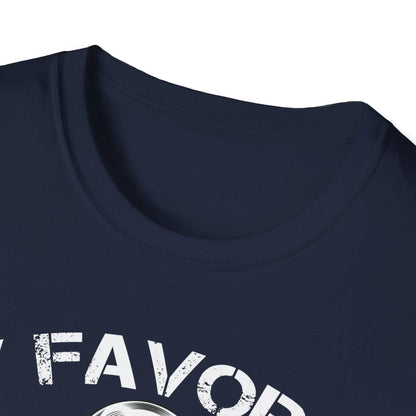 Close-up of the unisex softstyle fabric texture highlighting the relaxed fit and vibrant navy color of the Favorite Veteran