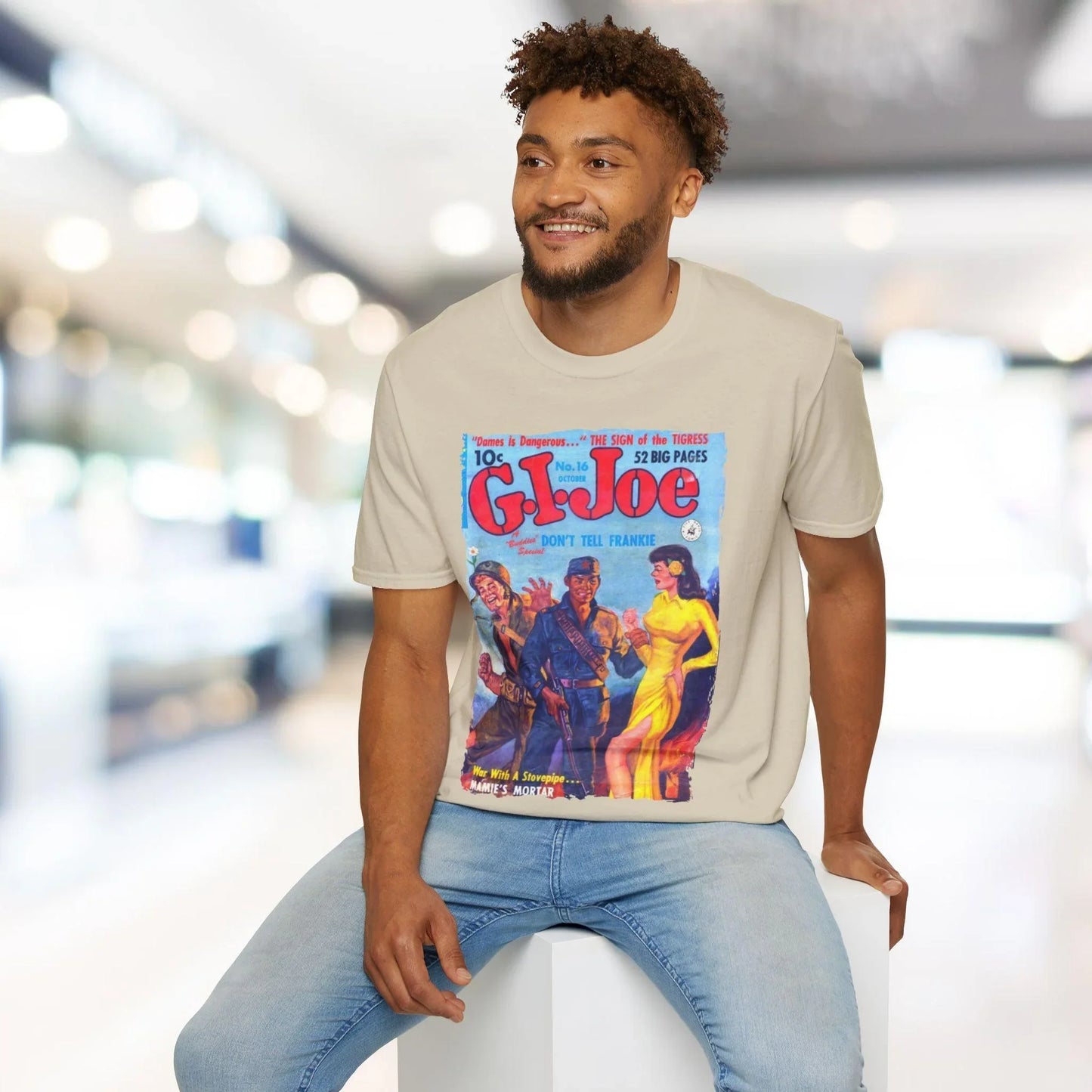 Close-up of the G.I. Joe No.16 unisex softstyle T-shirt's smooth fabric texture and subtle heathered navy color detail from