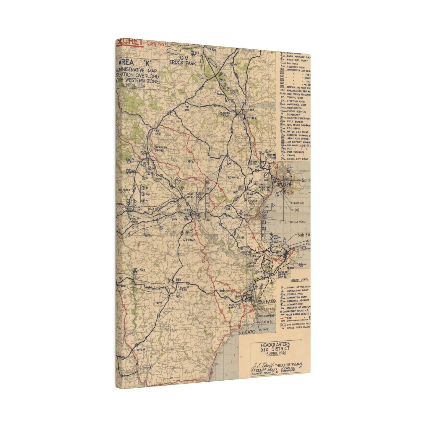 Detail of map’s southwestern zone with faded grid lines and handwritten annotations from April 15, 1944, seen from a slight