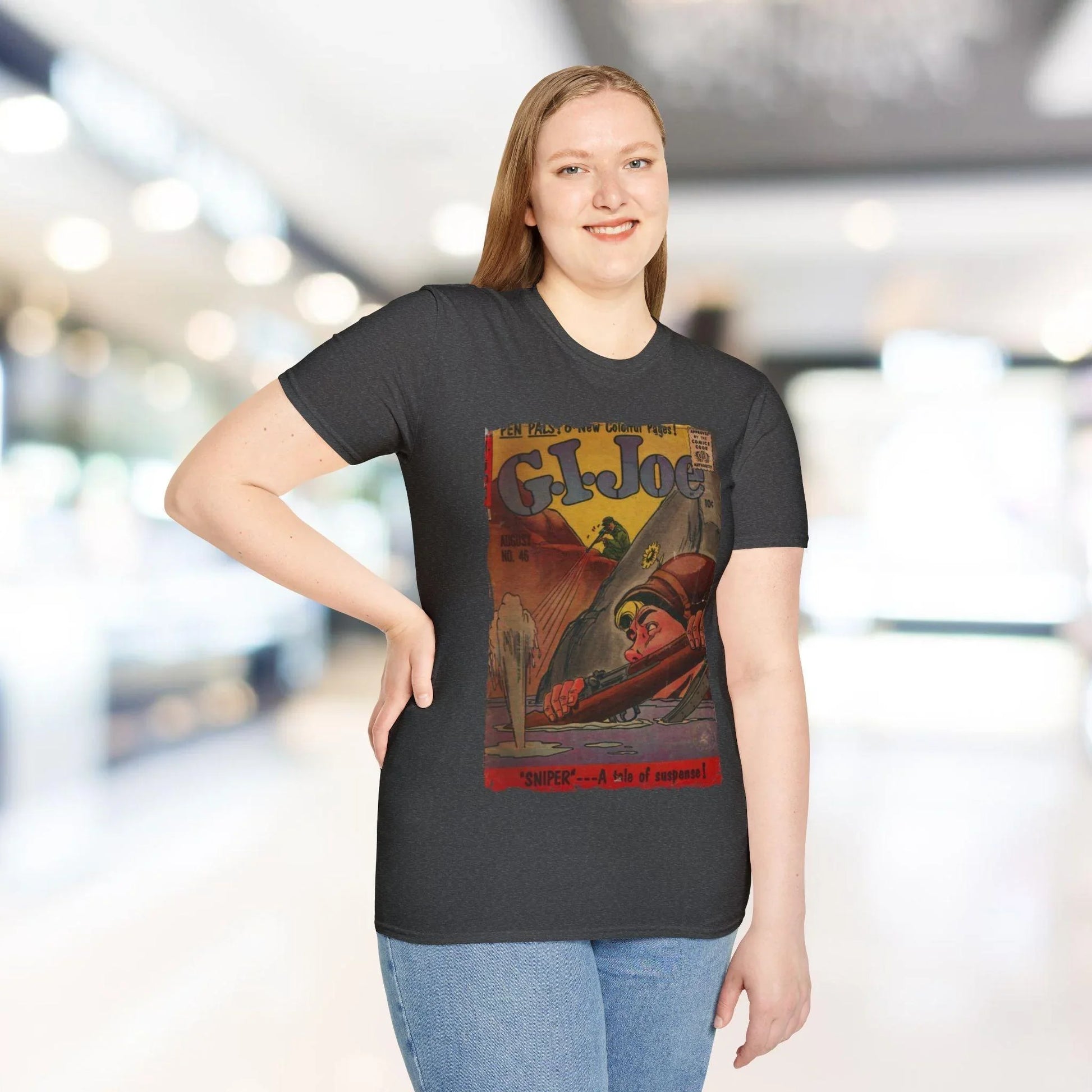 Close-up of the G.I. Joe No.46 softstyle T-shirt's relaxed fit tag sewn into the heather gray fabric neckline detail