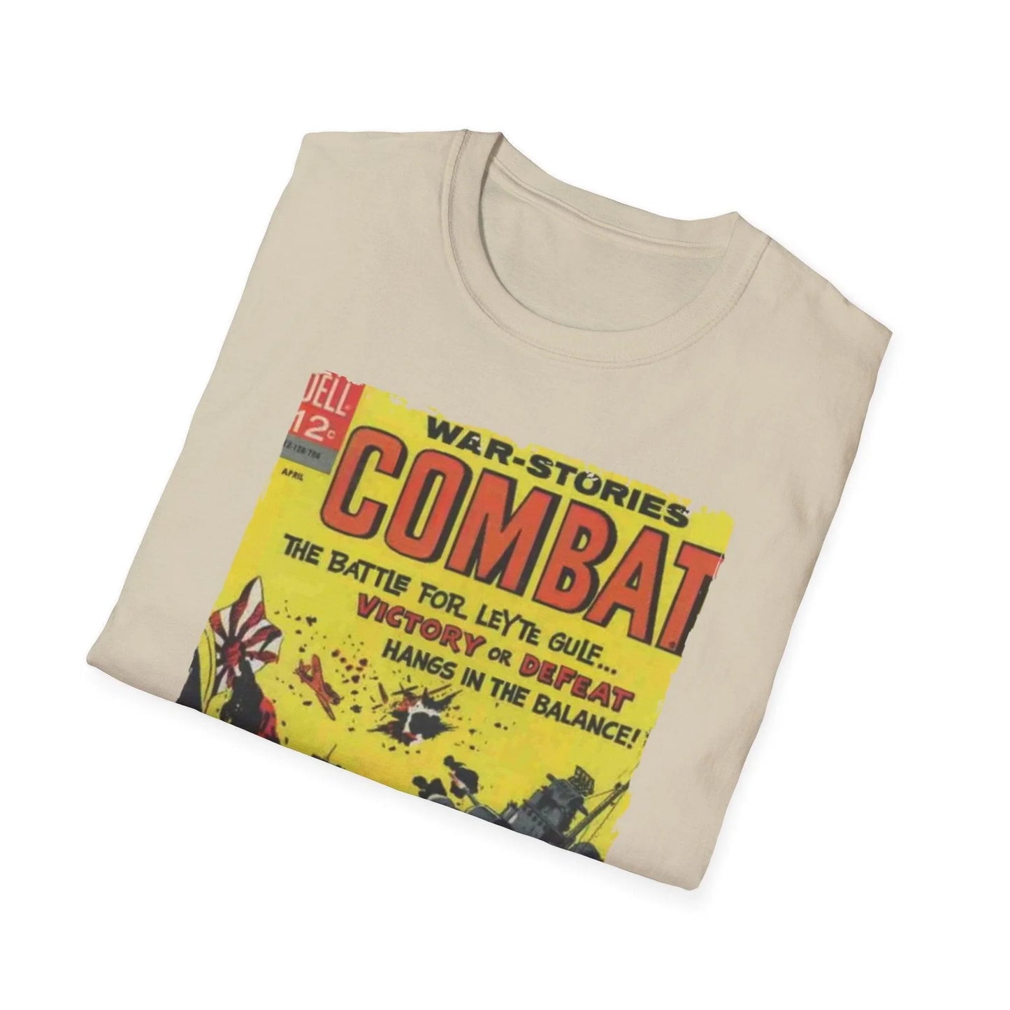 Close-up of the Combat April 1967 unisex softstyle T-shirt’s black fabric showing subtle textured weave and neckline