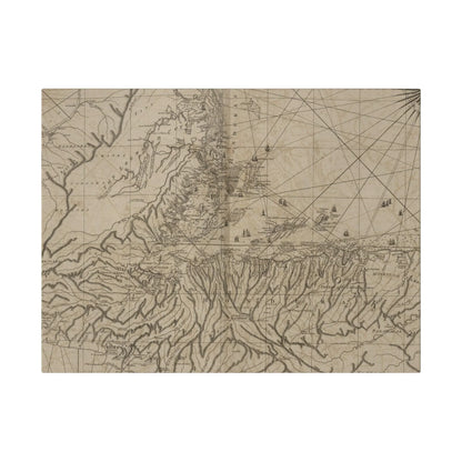 Close-up of vibrant, detailed map illustration highlighting coastal waterways and intricate shoreline textures in the Bay of