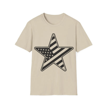 Close-up of the American Flag Star B&W printed on relaxed-fit black T-shirt’s neckline and sleeve hem detail.