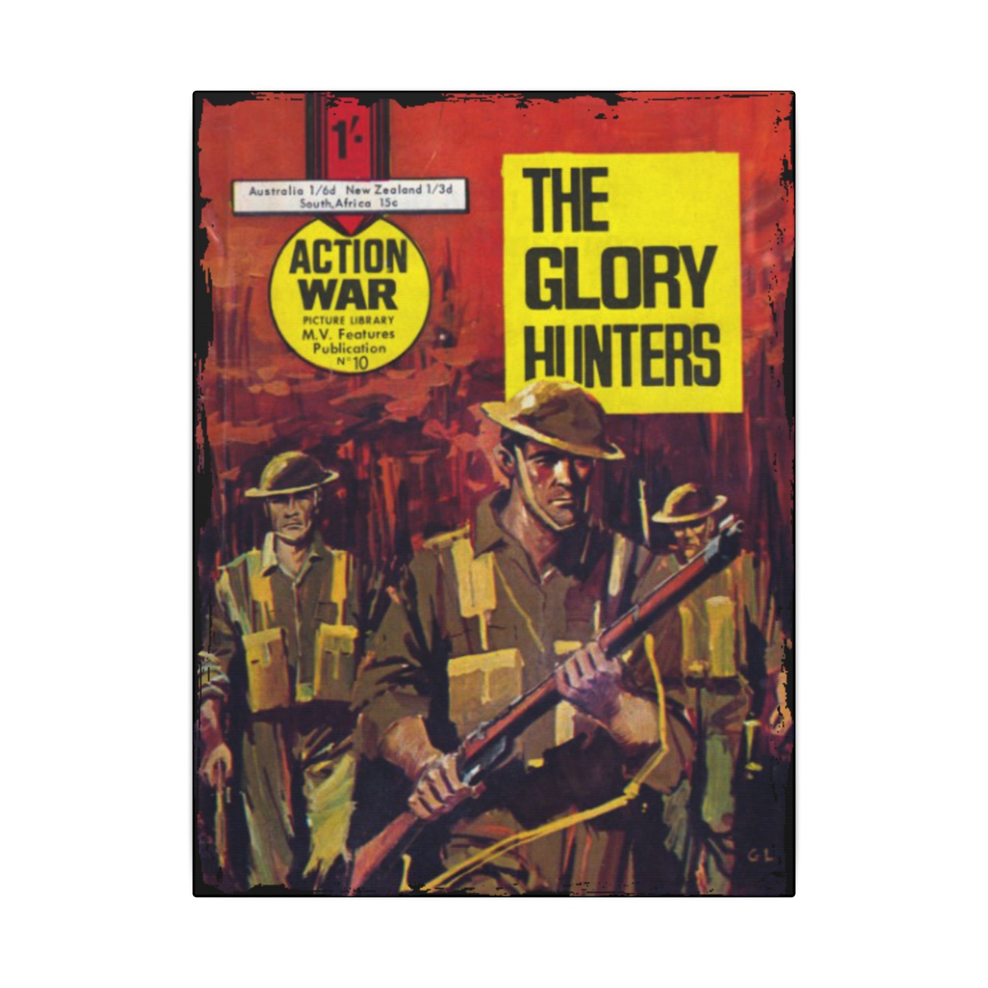 Close-up of the textured canvas surface highlighting the vibrant print details and bold coloration of Action War #10 comic