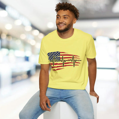 Close-up of the distressed American flag heartbeat design printed on soft cotton fabric, showcasing vibrant red, white, and