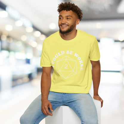 Close-up of the white unisex softstyle T-shirt's crew neckline and smooth fabric texture from a front angle.