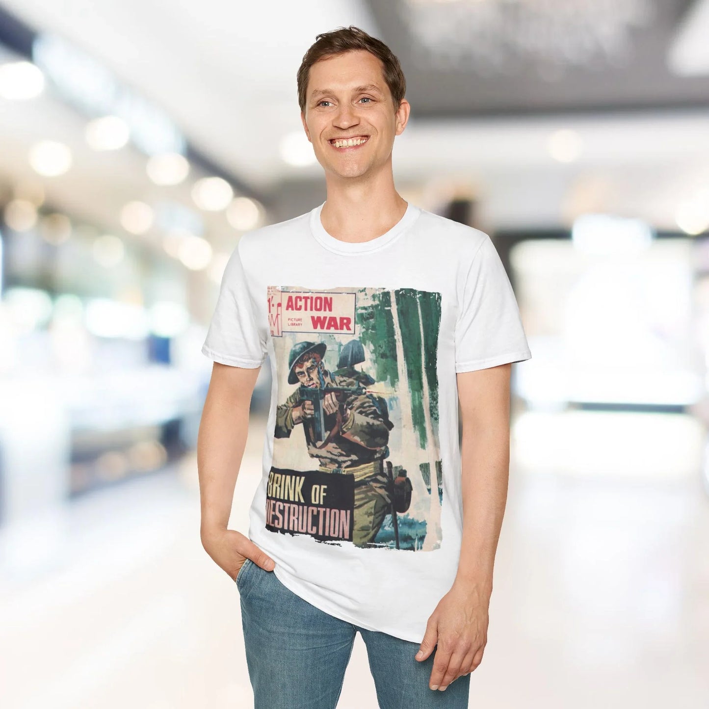 Close-up of the unisex softstyle fabric tag and relaxed fit neckline, highlighting the comfortable cotton-poly blend and