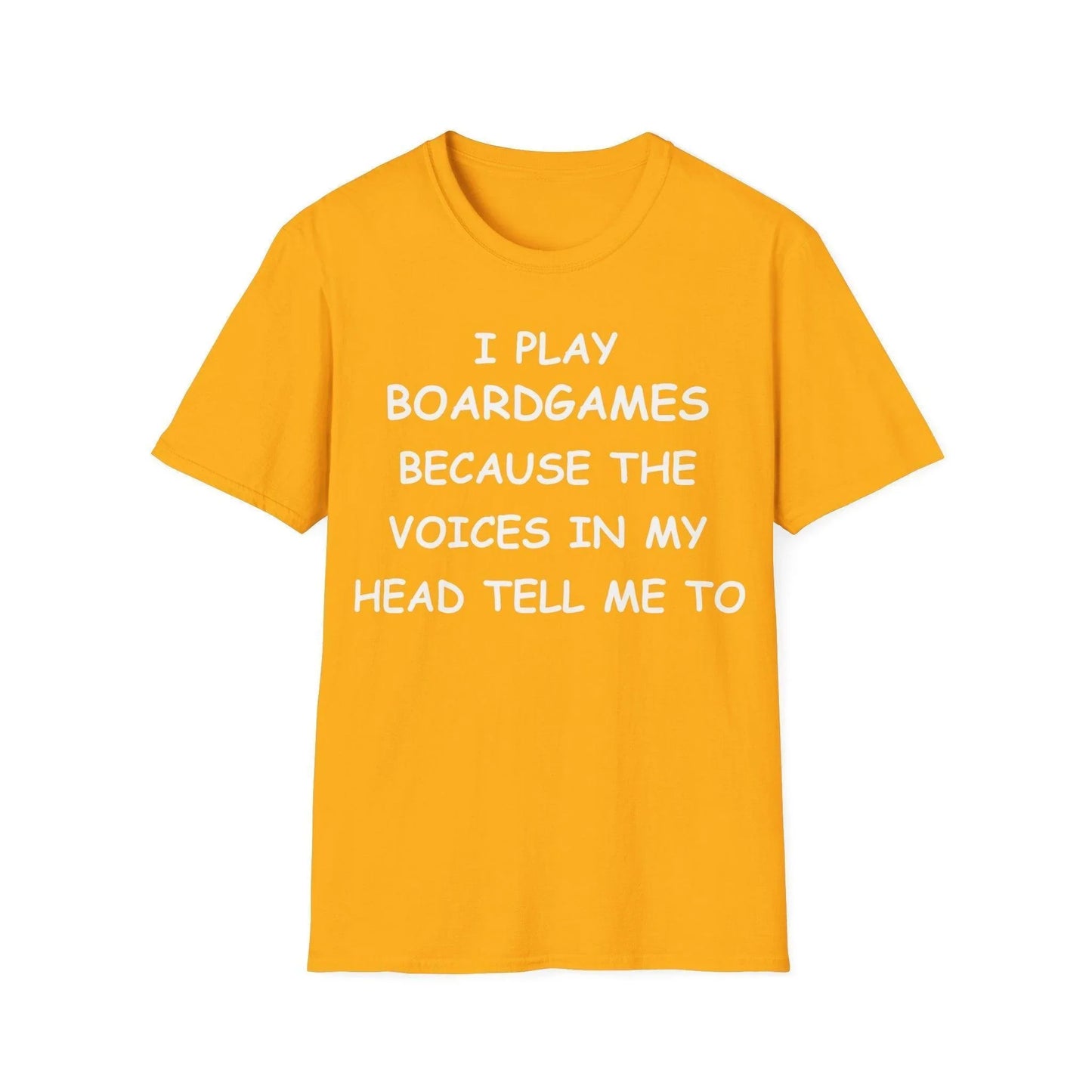 Close-up of the White I Play Boardgames T-shirt's soft cotton fabric and relaxed fit collar from a front-facing angle.
