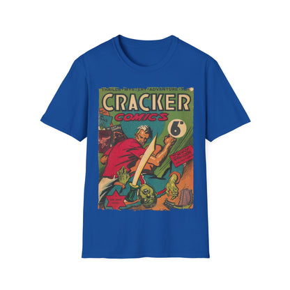 Close-up of the Cracker 1943 T-shirt's sewn collar detail showcasing the smooth, ribbed neckline in classic black cotton