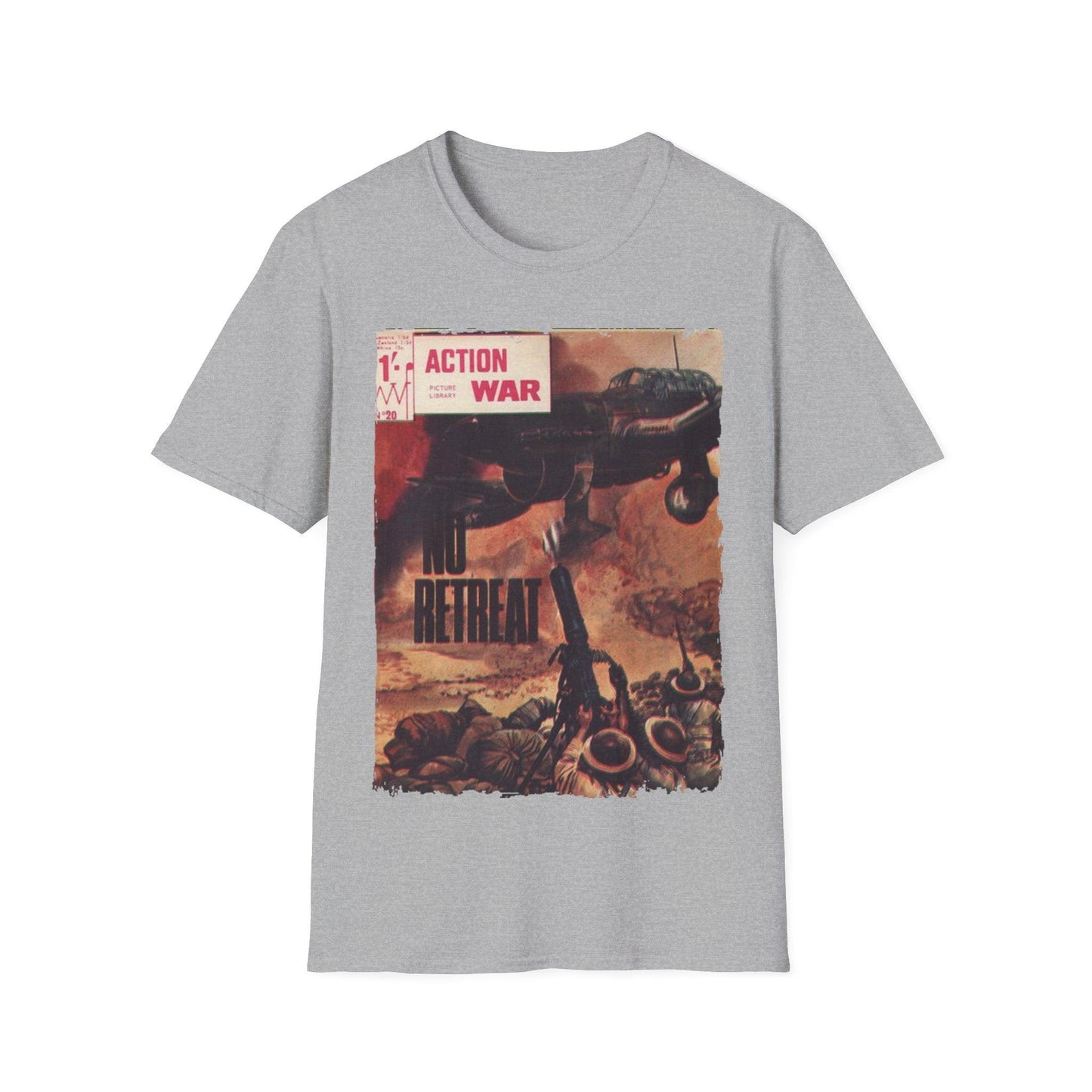 Close-up of the unisex softstyle T-shirt's relaxed fit neckline with subtle stitching details in vibrant crimson color.