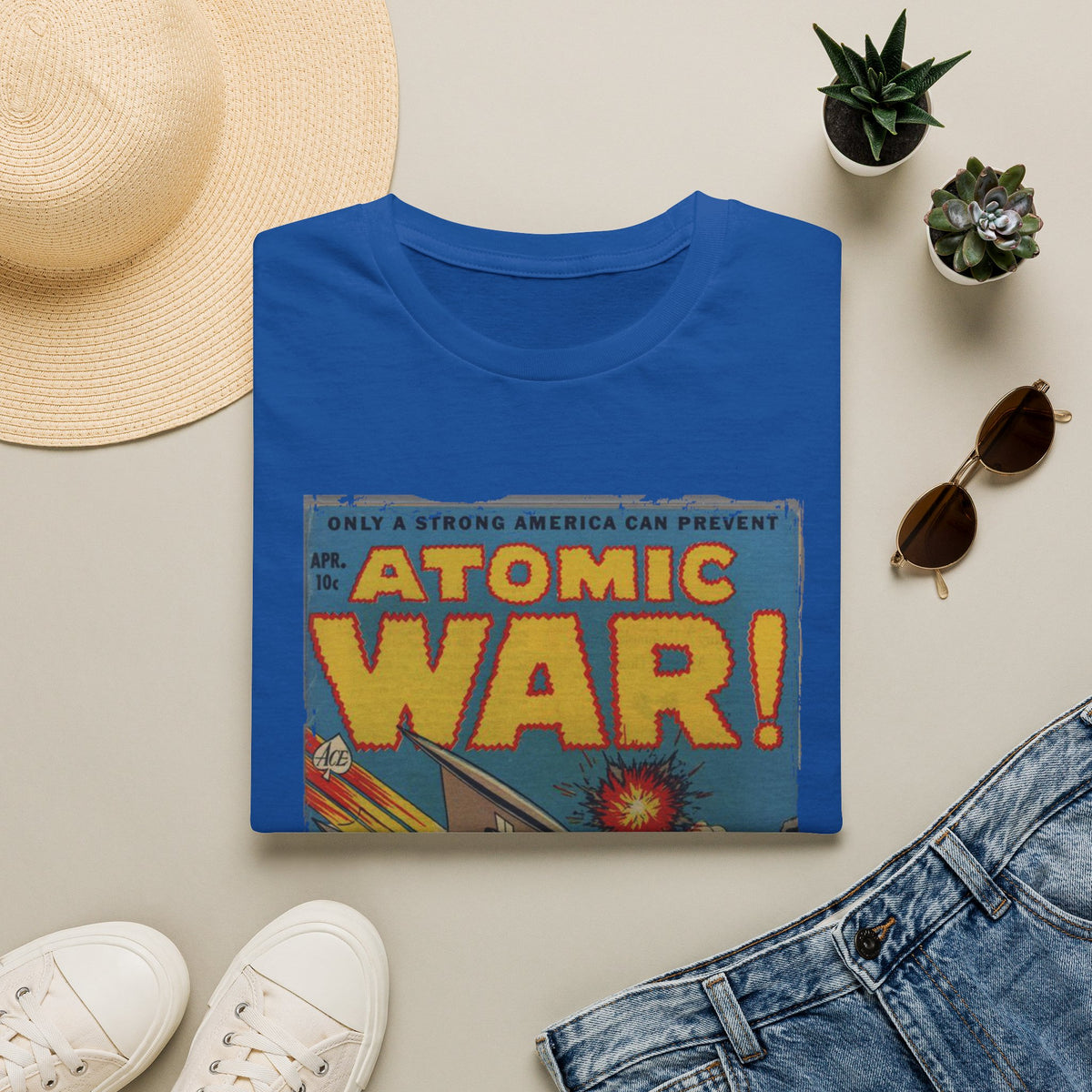 Image of Atomic War! No 4 unisex softstyle T-shirt showcasing the vibrant front graphic from a slightly elevated angle