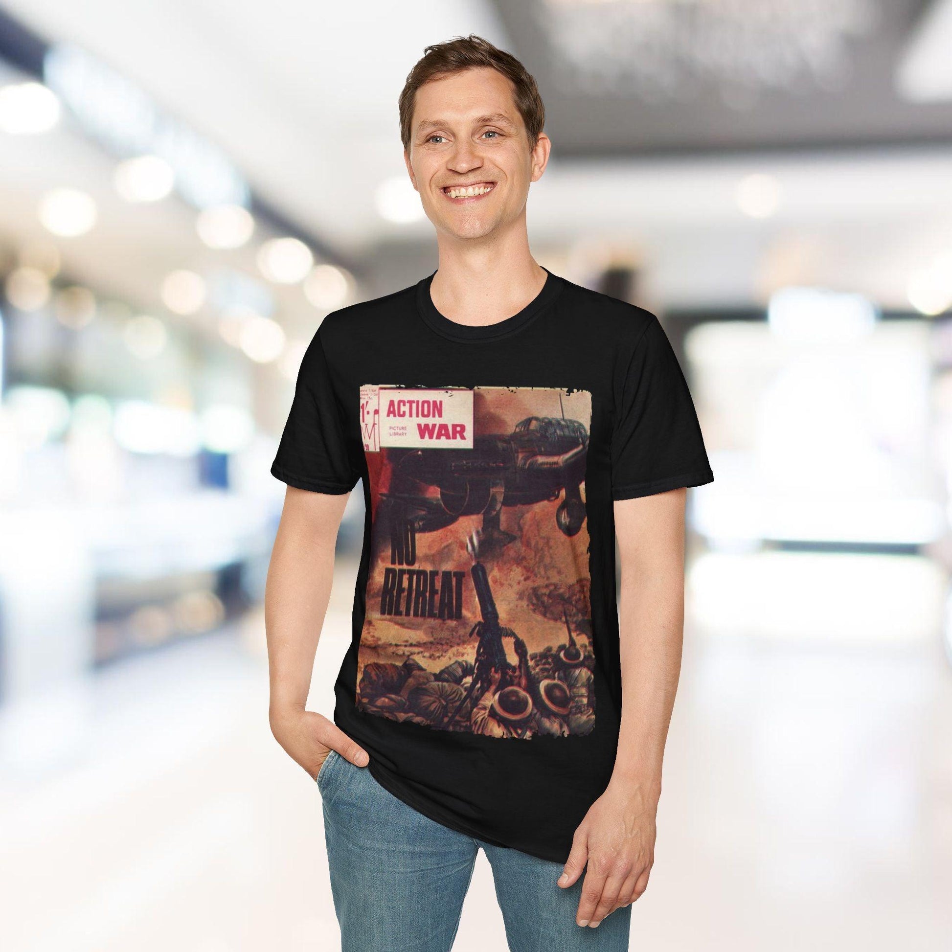 Close-up of the unisex softstyle T-shirt's label revealing fabric blend and relaxed fit details from a front angle.