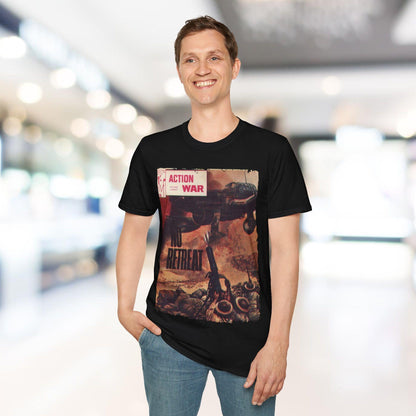 Close-up of the unisex softstyle T-shirt's label revealing fabric blend and relaxed fit details from a front angle.