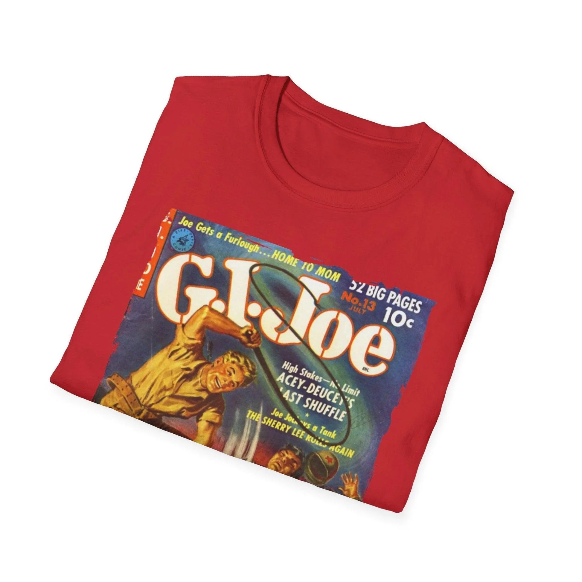Close-up of the G.I. Joe No.13 July unisex softstyle T-shirt neckline showing reinforced stitching and smooth fabric texture