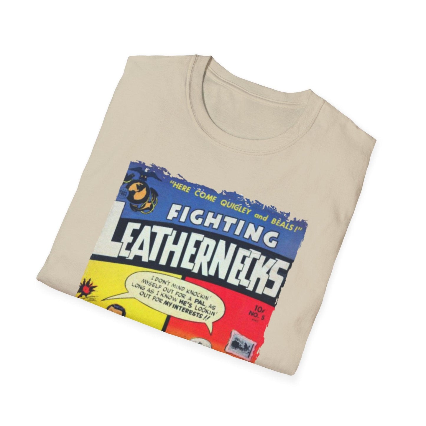 Close-up of the unisex softstyle fabric with a relaxed fit in charcoal gray, highlighting the stitched neckline and sleeve