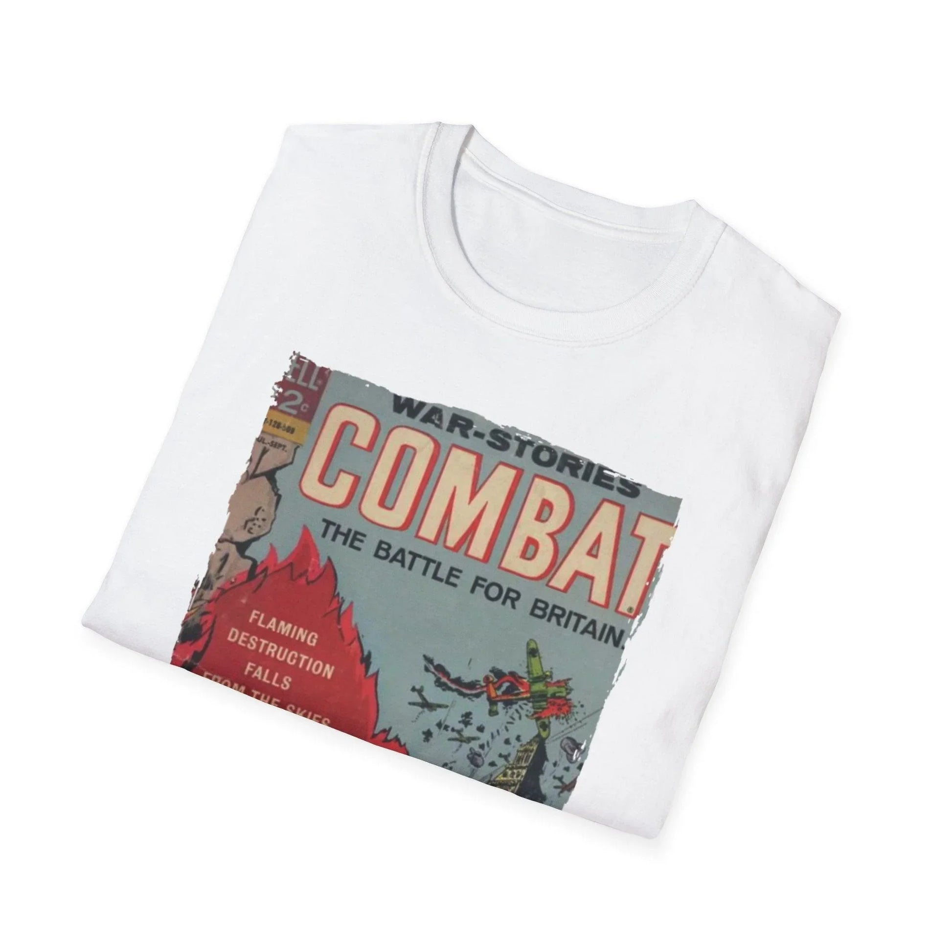 Close-up of the Combat July 1965 T-shirt's sewn collar and smooth fabric texture from a slightly angled front view
