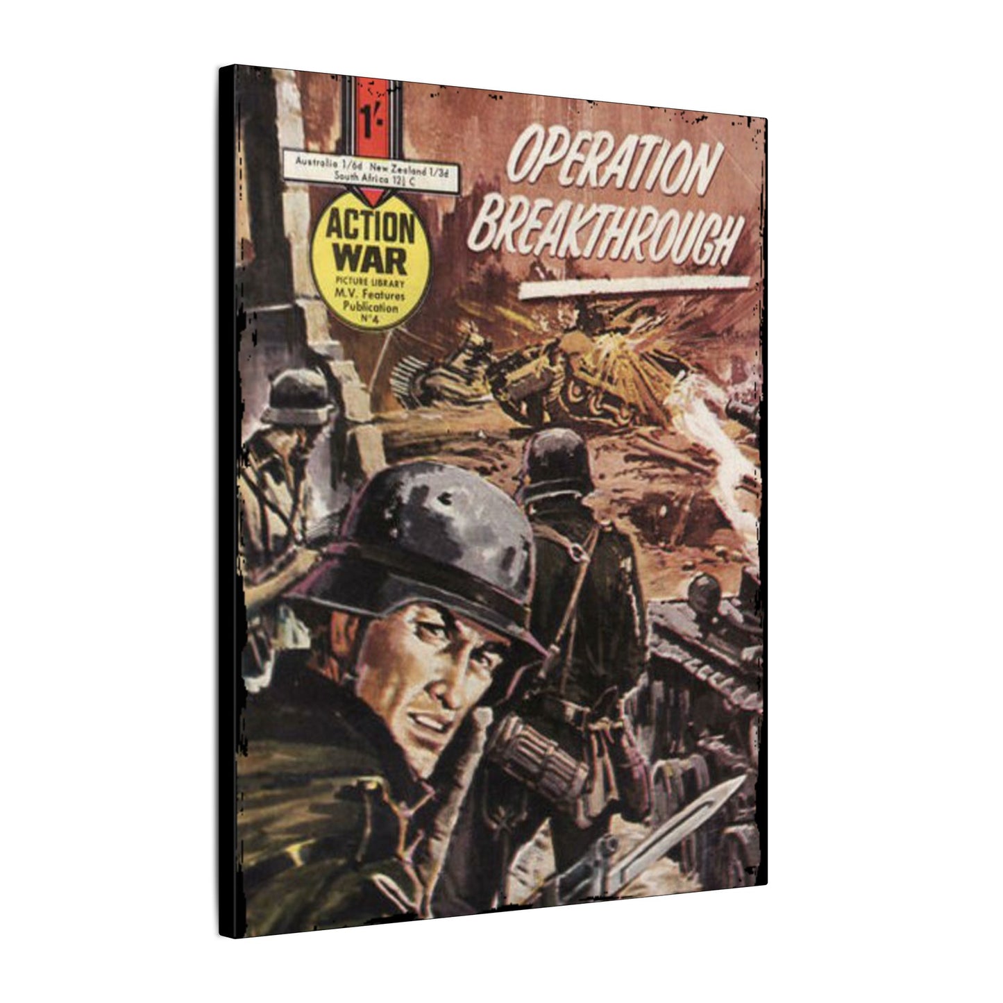 Close-up of the canvas texture featuring vibrant orange and navy paint strokes with subtle brush detail