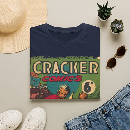 Close-up of the Cracker 1943 T-shirt's soft cotton fabric showing subtle heather texture and relaxed fit neckline detail
