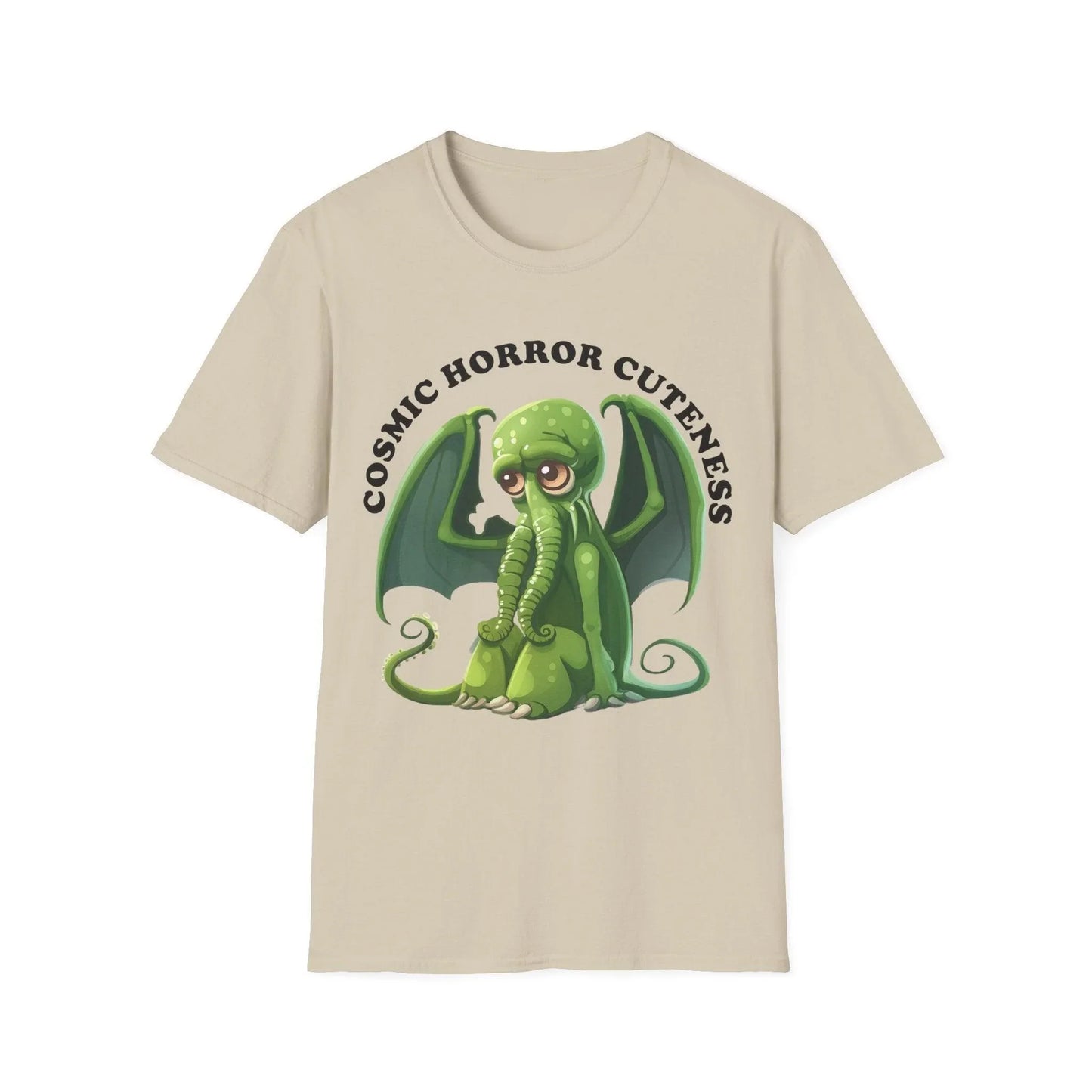 Front view highlighting the unisex soft cotton fabric with cosmic horror graphic, showcasing the relaxed fit and vibrant