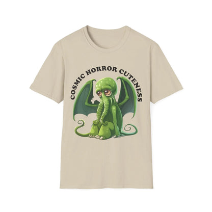 Front view highlighting the unisex soft cotton fabric with cosmic horror graphic, showcasing the relaxed fit and vibrant