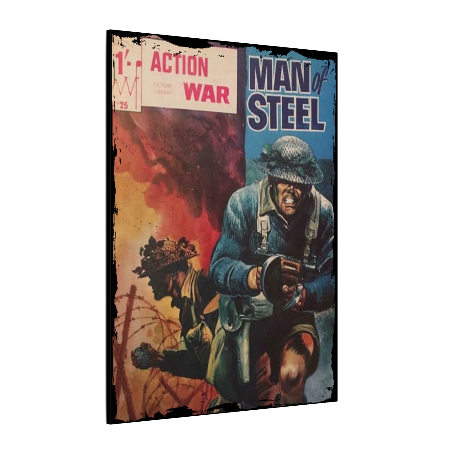 Close-up of the Canvas texture on Action War #25 showing vibrant printed details and subtle fabric weave.