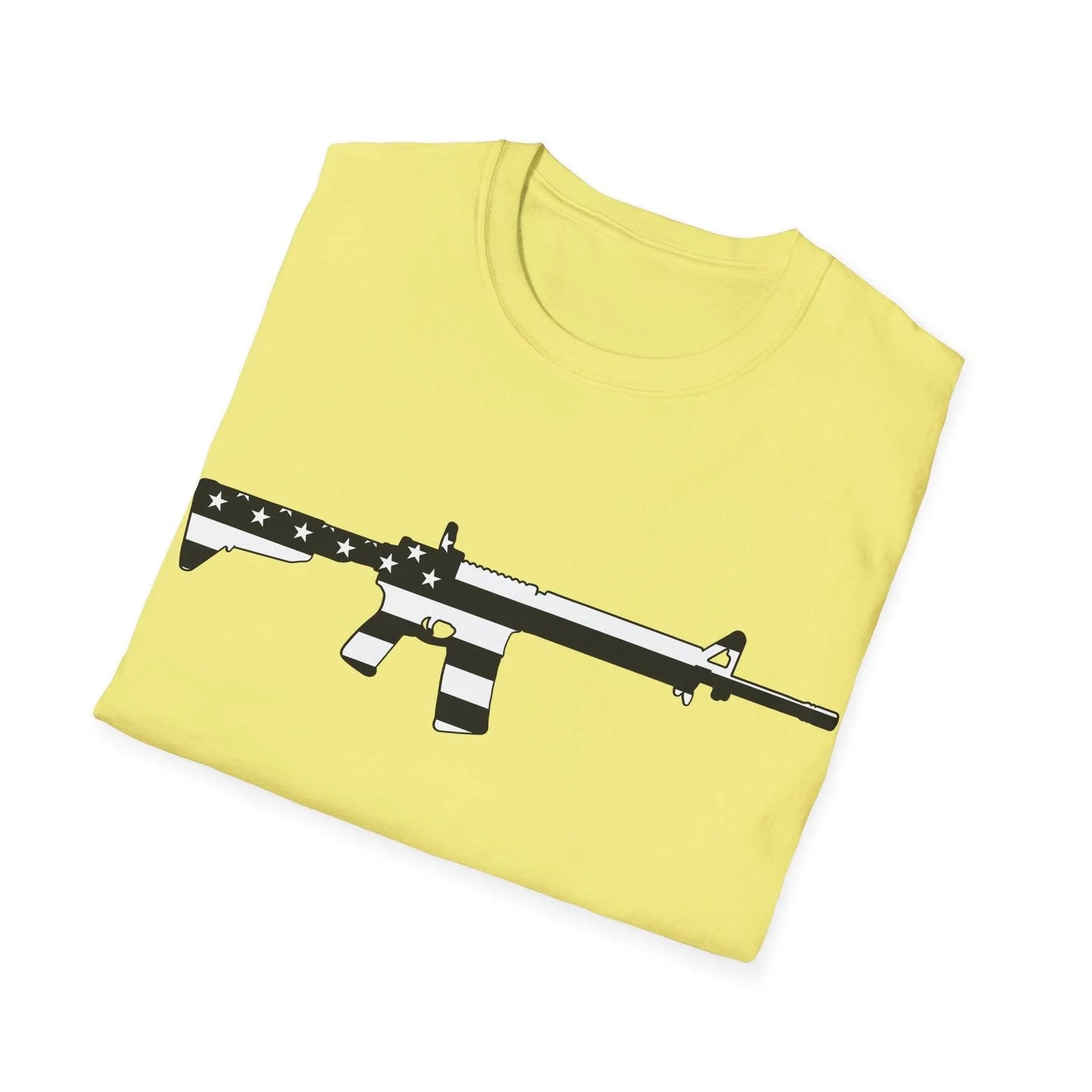 Close-up of the black and white American flag eagle print on the front chest of the unisex softstyle T-shirt, highlighting